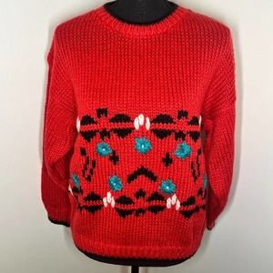 Exclusive Imports Vintage 80s Flower Knit Red Granny Sweater